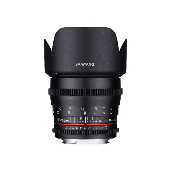 samyang-50mm-t1-5-vdslr-as-umc-objectif-canon-occasion-2 a black camera lens with a white background
